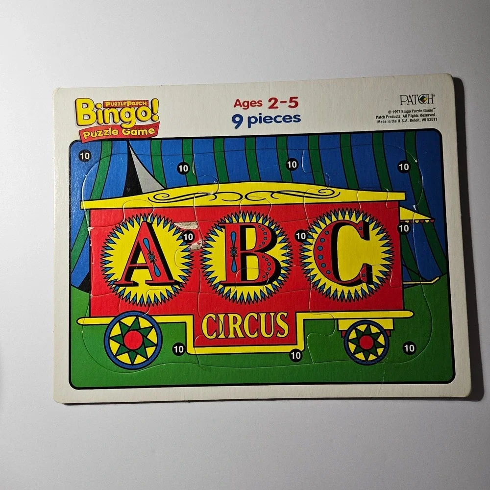 1997 Bingo Patch Circus Puzzle Train Car ABC Vintage Frame Tray 9 Pcs